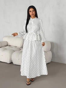 SHEIN PETITE Women's Drawstring Button Long Sleeve Top Black White Polka Dot Skirt Two Pieces Set Tea Party Garden Winter Modest Elegant,Petite Women - Apricot - View 4