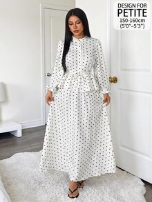 SHEIN PETITE Women's Drawstring Button Long Sleeve Top Black White Polka Dot Skirt Two Pieces Set Tea Party Garden Winter Modest Elegant,Petite Women - Apricot - View 9