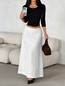 SHEIN PETITE 女款新款極簡時尚波希米亞通勤休閒沙灘度假白色米色女裙，百搭顯瘦顯高優雅穿搭，小個子適用 - 白色 - 查看 3