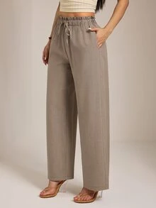 SHEIN PETITE Apricot Straight-Leg Trousers With A Wavy-Edge Design-Casual Workwear For Petite Women. - Brown - View 3
