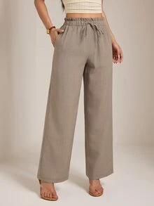 SHEIN PETITE Apricot Straight-Leg Trousers With A Wavy-Edge Design-Casual Workwear For Petite Women. - Brown - View 5