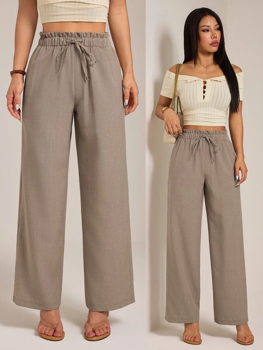 SHEIN PETITE Apricot Straight-Leg Trousers With A Wavy-Edge Design-Casual Workwear For Petite Women. - Brown - View 1