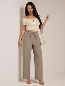 SHEIN PETITE Apricot Straight-Leg Trousers With A Wavy-Edge Design-Casual Workwear For Petite Women. - Brown - View 6