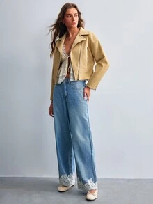 Willow Rêve Women's Solid Color Long Sleeve Lapel Zipper Asymmetric Design Cropped Jacket - Khaki - View 3