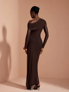 JIAN LASALA Mesh One Shoulder Long Sleeve Draping Overlapped Long Dress Vacation Party Elegant - Coffee Brown - View 2