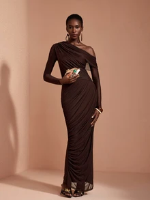 JIAN LASALA Mesh One Shoulder Long Sleeve Draping Overlapped Long Dress Vacation Party Elegant - Coffee Brown - View 5