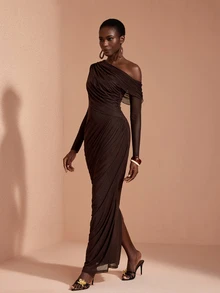 JIAN LASALA Mesh One Shoulder Long Sleeve Draping Overlapped Long Dress Vacation Party Elegant - Coffee Brown - View 4