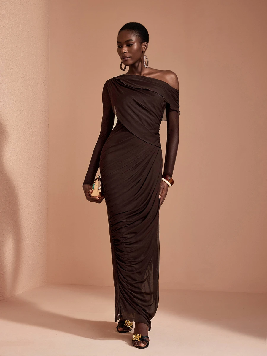 JIAN LASALA Mesh One Shoulder Long Sleeve Draping Overlapped Long Dress Vacation Party Elegant - Coffee Brown - View 1