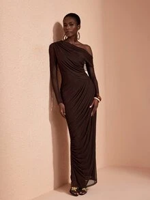 JIAN LASALA Mesh One Shoulder Long Sleeve Draping Overlapped Long Dress Vacation Party Elegant - Coffee Brown - View 7