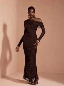 JIAN LASALA Mesh One Shoulder Long Sleeve Draping Overlapped Long Dress Vacation Party Elegant - Coffee Brown - View 3