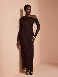 JIAN LASALA Mesh One Shoulder Long Sleeve Draping Overlapped Long Dress Vacation Party Elegant - Coffee Brown - View 6