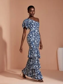JIAN LASALA Knit Floral Print One Shoulder Ruffle Short Sleeve Double Layers Elegant Long Dress - Blue - View 1