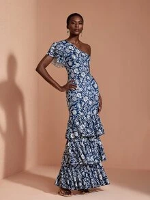JIAN LASALA Knit Floral Print One Shoulder Ruffle Short Sleeve Double Layers Elegant Long Dress - Blue - View 5