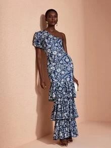 JIAN LASALA Knit Floral Print One Shoulder Ruffle Short Sleeve Double Layers Elegant Long Dress - Blue - View 6
