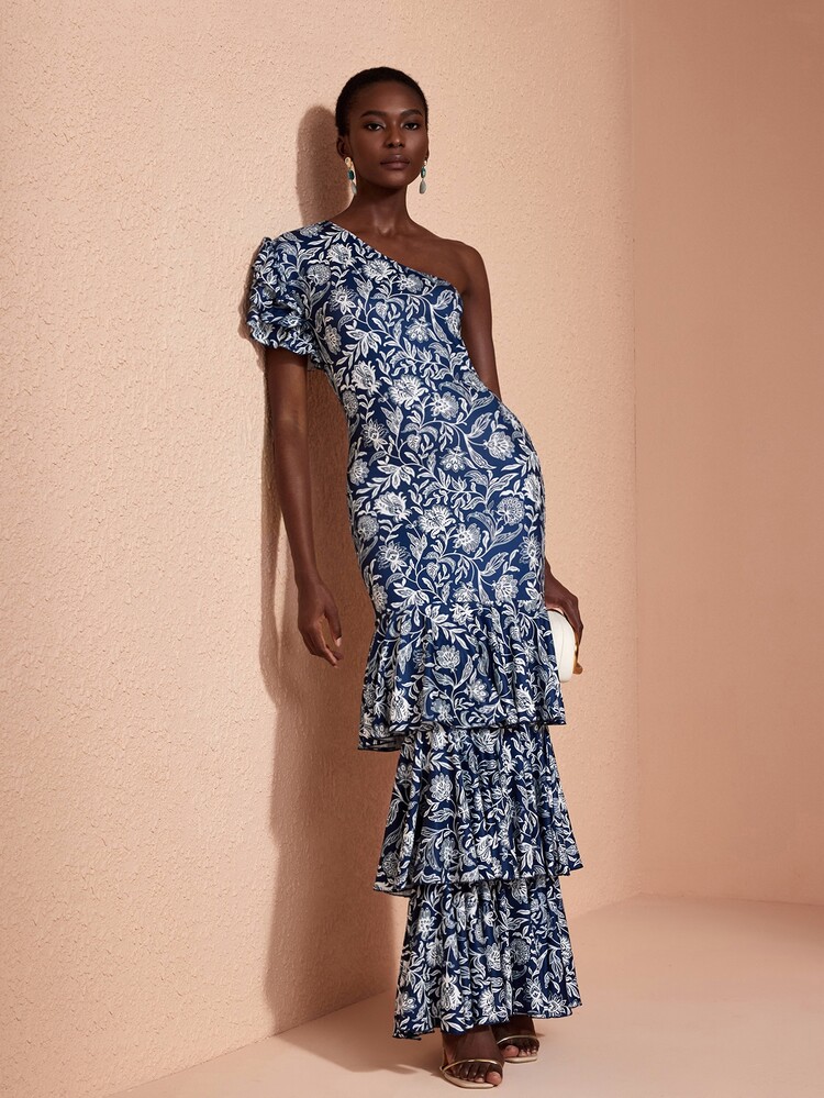JIAN LASALA Knit Floral Print One Shoulder Ruffle Short Sleeve Double Layers Elegant Long Dress - Blue - View 6