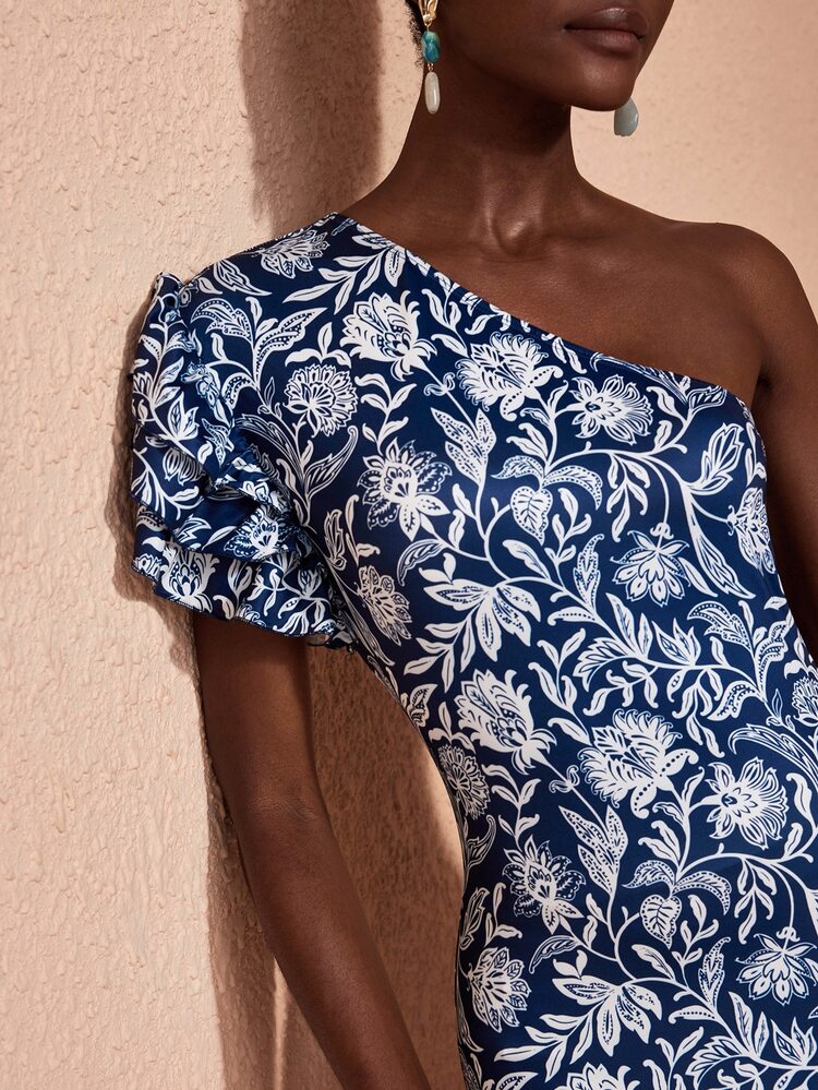 JIAN LASALA Knit Floral Print One Shoulder Ruffle Short Sleeve Double Layers Elegant Long Dress - Blue - View 7