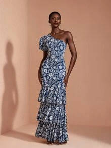 JIAN LASALA Knit Floral Print One Shoulder Ruffle Short Sleeve Double Layers Elegant Long Dress - Blue - View 3