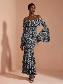 JIAN LASALA Knit Off Shoulder Multi Ruffle Layers Long Sleeve Hemline Long Dress Elegant Vacation - Multicolor - View 4