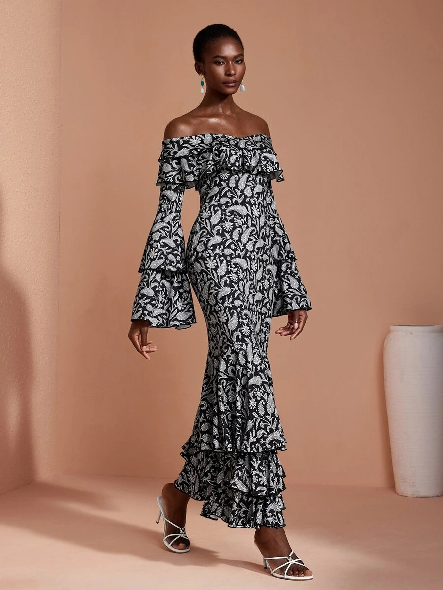 JIAN LASALA Knit Off Shoulder Multi Ruffle Layers Long Sleeve Hemline Long Dress Elegant Vacation - Multicolor - View 1