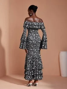 JIAN LASALA Knit Off Shoulder Multi Ruffle Layers Long Sleeve Hemline Long Dress Elegant Vacation - Multicolor - View 2