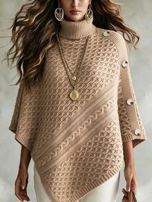 Breezaya Autumn/Winter Vintage Vacation Style 3D Cable Knit Cable Rope Triangle High Neck Cape Poncho Sweater For Women - Khaki - View 7