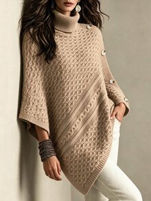 Breezaya Autumn/Winter Vintage Vacation Style 3D Cable Knit Cable Rope Triangle High Neck Cape Poncho Sweater For Women - Khaki - View 3