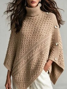Breezaya Autumn/Winter Vintage Vacation Style 3D Cable Knit Cable Rope Triangle High Neck Cape Poncho Sweater For Women - Khaki - View 4