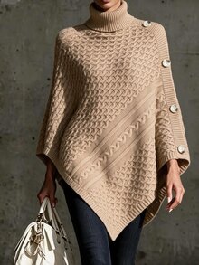 Breezaya Autumn/Winter Vintage Vacation Style 3D Cable Knit Cable Rope Triangle High Neck Cape Poncho Sweater For Women - Khaki - View 5