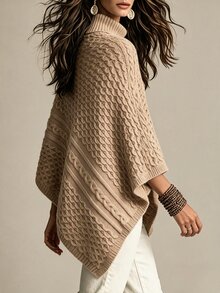 Breezaya Autumn/Winter Vintage Vacation Style 3D Cable Knit Cable Rope Triangle High Neck Cape Poncho Sweater For Women - Khaki - View 2