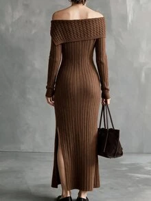 Penseblé Elegant Mature Party Dinner City Break Everyday Cold Shoulder Long Sleeved Niche Design Women's Sweater Dress, Fall Date Outfit Thanksgiving Brown - Brown - View 2