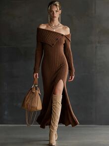 Penseblé Elegant Mature Party Dinner City Break Everyday Cold Shoulder Long Sleeved Niche Design Women's Sweater Dress, Fall Date Outfit Thanksgiving Brown - Brown - View 4