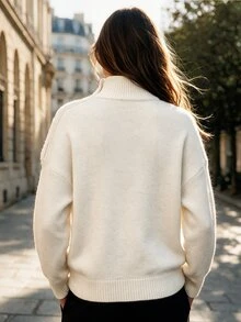 valorelle valorelle 女款秋冬半高領單肩裝飾金屬扣落肩長袖寬鬆套頭毛衣，適合早午餐穿搭 - 米色 - 查看 2