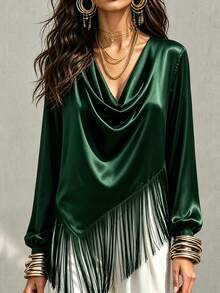 LUMIGAL Women's Asymmetric Cowl Neck Patchwork Tassel Satin Long Sleeve Blouse - Dark Green - View 7