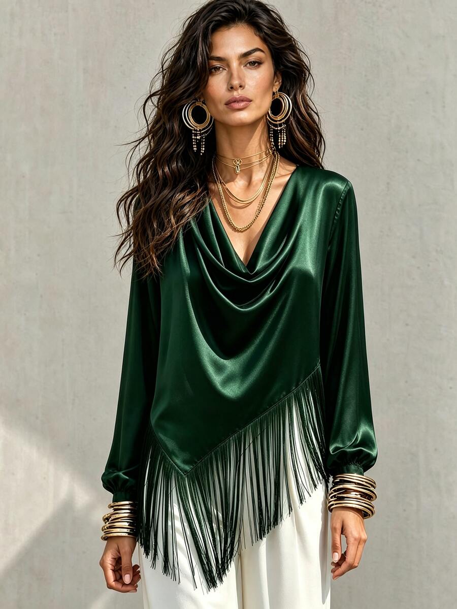 LUMIGAL Women's Asymmetric Cowl Neck Patchwork Tassel Satin Long Sleeve Blouse - Dark Green - View 1
