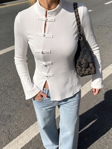 valorelle valorelle Women's French Elegant Winter Brushed Ribbed Flare Long Sleeve Top Frog Buttons, Suitable For Christmas, Halloween New Year Everyday Date White - White - View 7