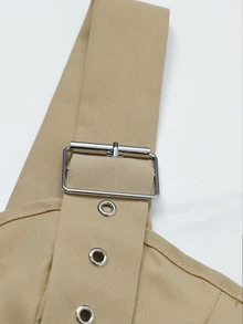 SHEIN Lunessa Women's Sexy Shirred Pocket Metal Buckle Dress - Khaki - View 8