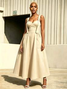 SHEIN Lunessa Women's Sexy Shirred Pocket Metal Buckle Dress - Khaki - View 1