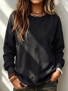 Zayélia Women's French Elegant Black Slit Long Sleeve Sweatshirt, Winter Top For Christmas Halloween New Year Party & Daily Commute Occasions - Black - View 3