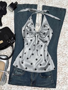 Franclia Women's Polka Dot Print Bow Tie Halter Neck Top, Girly Style - Light Grey - View 3
