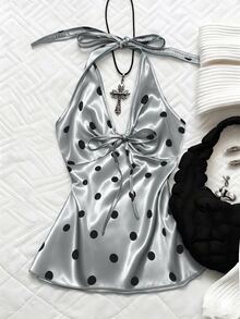 Franclia Women's Polka Dot Print Bow Tie Halter Neck Top, Girly Style - Light Grey - View 1