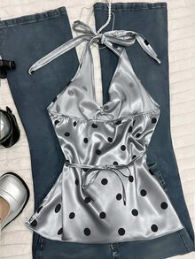 Franclia Women's Polka Dot Print Bow Tie Halter Neck Top, Girly Style - Light Grey - View 2