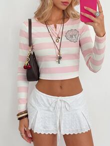 Sundraya Women's Y2K Ribbed Henley Crop Top Long Sleeve Button Front NY Graphic Ribbed Slim Fit Retro Casual Tee - Multicolor - View 3