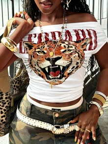 Rovax Women's Off Shoulder Ruched Tight Short Sleeve T-Shirt, Graphic Leopard Print White Summer Streetwear Rave, Cool Girl Party - White - View 2