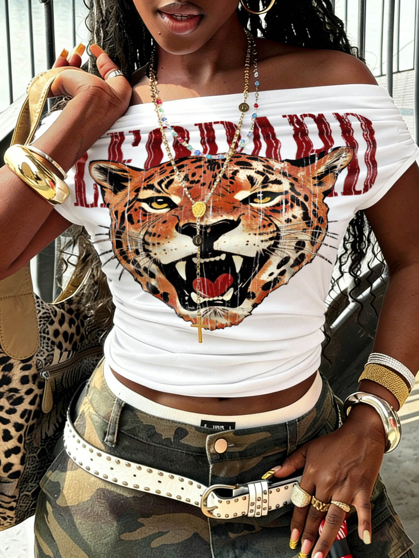Rovax Women's Off Shoulder Ruched Tight Short Sleeve T-Shirt, Graphic Leopard Print White Summer Streetwear Rave, Cool Girl Party