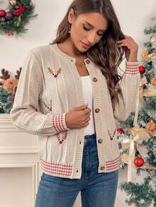 SHEIN LUNE Cardigan Rajut Longgar Motif Pohon Natal Bordir, Musim Gugur/Dingin - Khaki - View 4