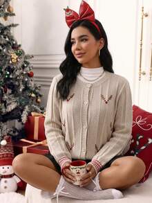 SHEIN LUNE Cardigan Rajut Longgar Motif Pohon Natal Bordir, Musim Gugur/Dingin - Khaki - View 3