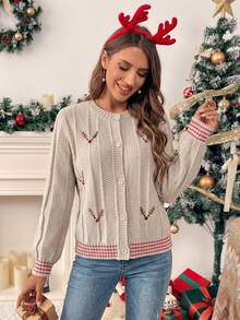 SHEIN LUNE Cardigan Rajut Longgar Motif Pohon Natal Bordir, Musim Gugur/Dingin - Khaki - View 5