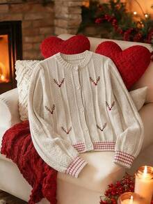 SHEIN LUNE Cardigan Rajut Longgar Motif Pohon Natal Bordir, Musim Gugur/Dingin - Khaki - View 6