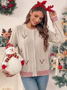 SHEIN LUNE Cardigan Rajut Longgar Motif Pohon Natal Bordir, Musim Gugur/Dingin - Khaki - View 7