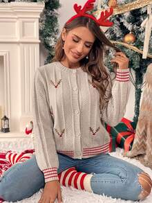 SHEIN LUNE Cardigan Rajut Longgar Motif Pohon Natal Bordir, Musim Gugur/Dingin - Khaki - View 8